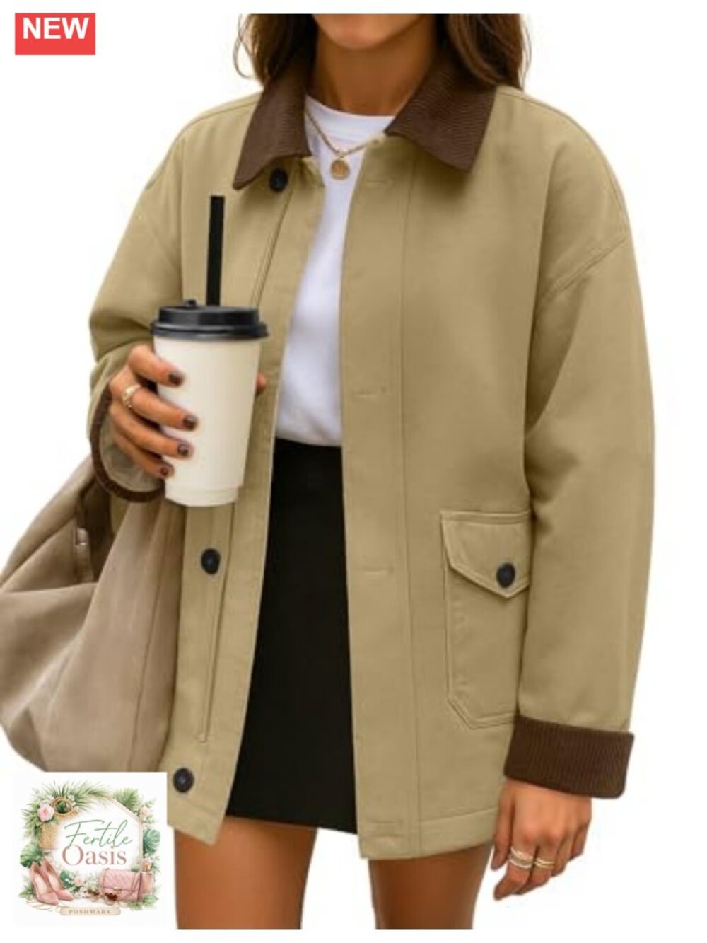 Women's Cotton Barn Jacket Corduroy Trim Relaxed Oversized Long Sleeve Casual